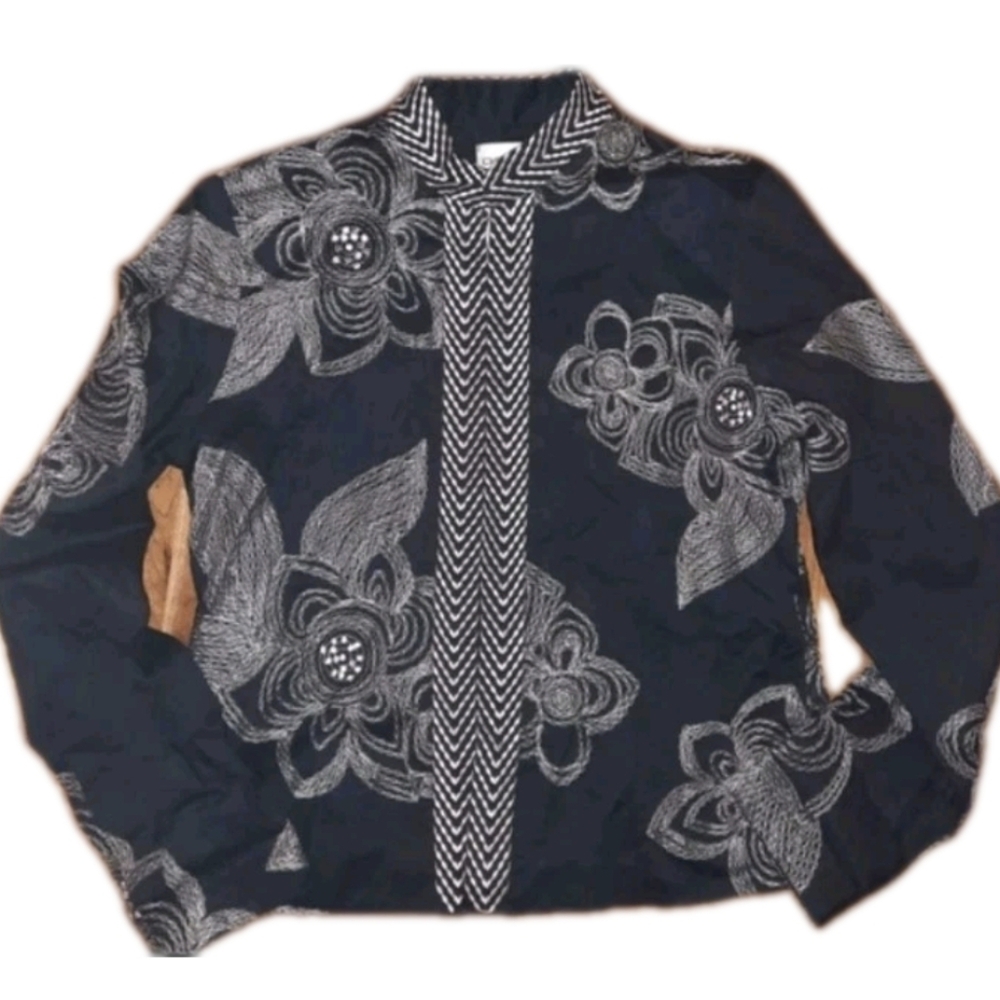 Chico's navy and gray embroidered mandarin jacket size 0